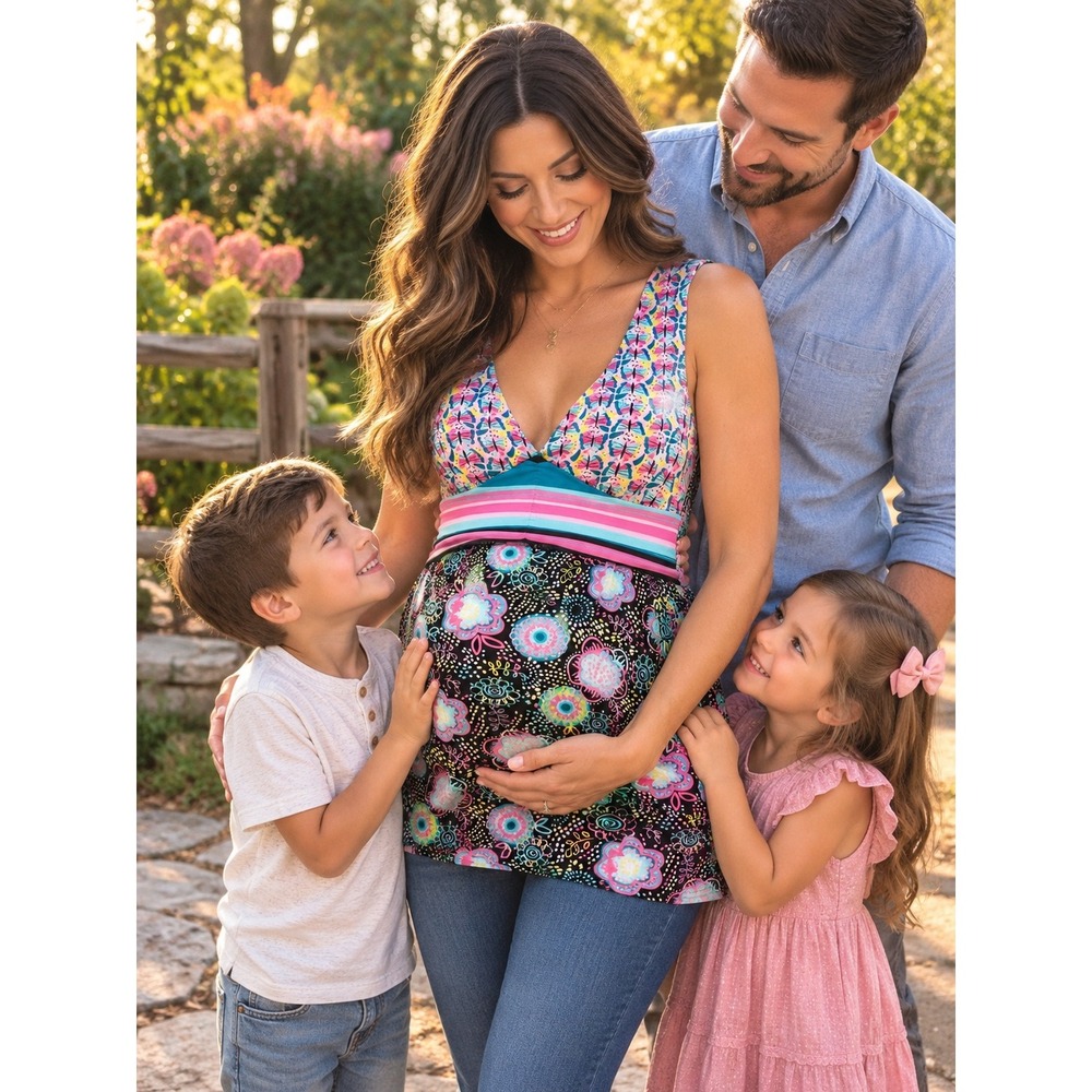Bisou Bisou Maternity Mixed Print Butterfly Floral Empire Waist Tie Back Top S
